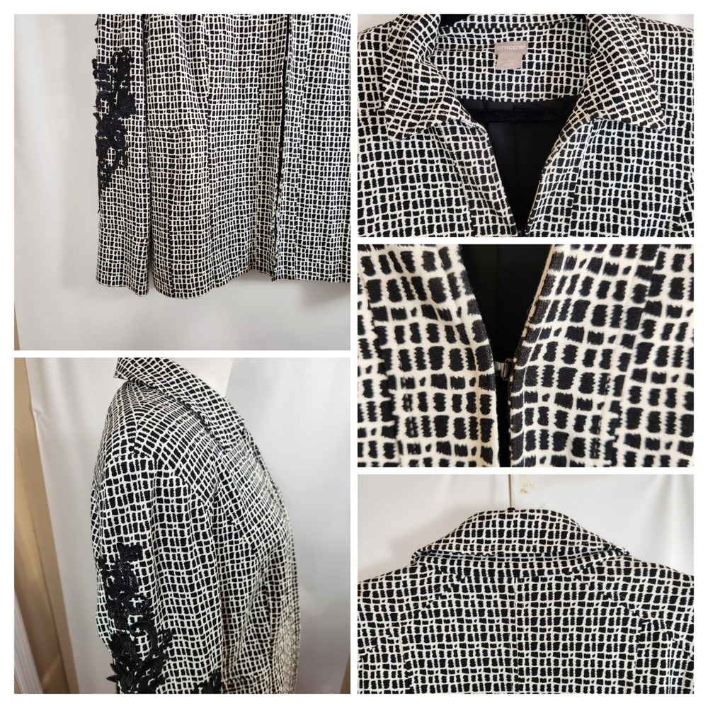 Chico's 2 Womens Large Black & White Geo Print Lace Blazer Jacket Office Stretch - Picture 4 of 7